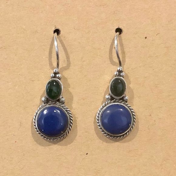Vintage Green Agate Blue Lapis Lazuli Sterling Silver Drop Dangle Earrings - Picture 4 of 6